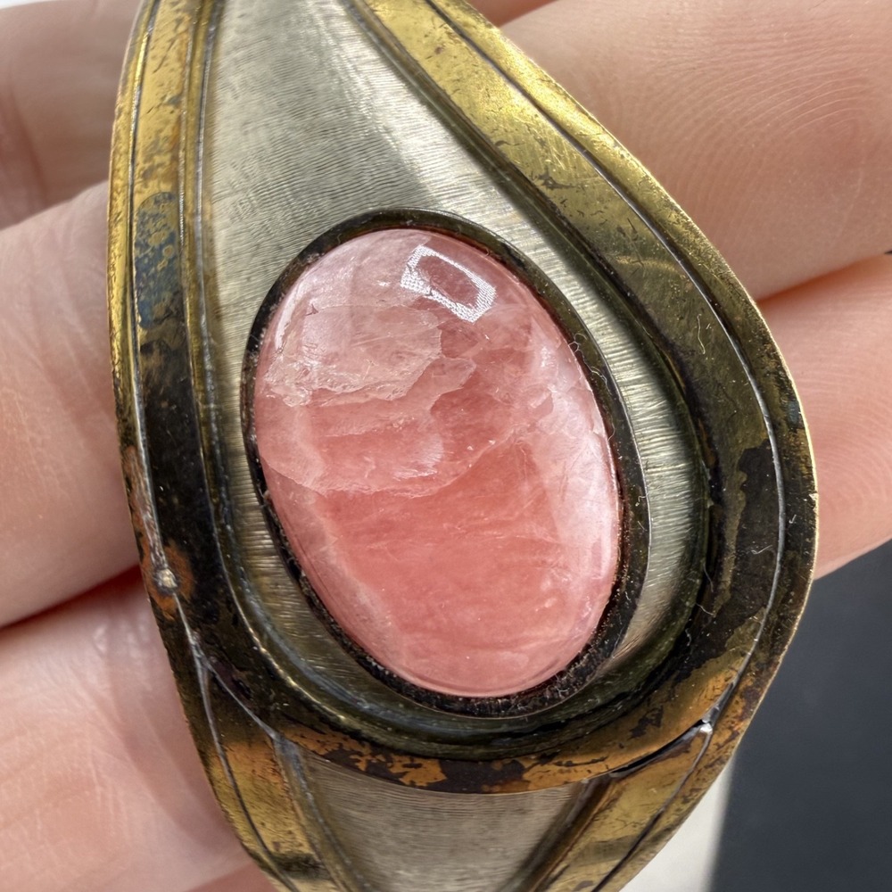 Vintage Estate Cuff Bracelet Gold Silver Tone Pink Oval Stone 6